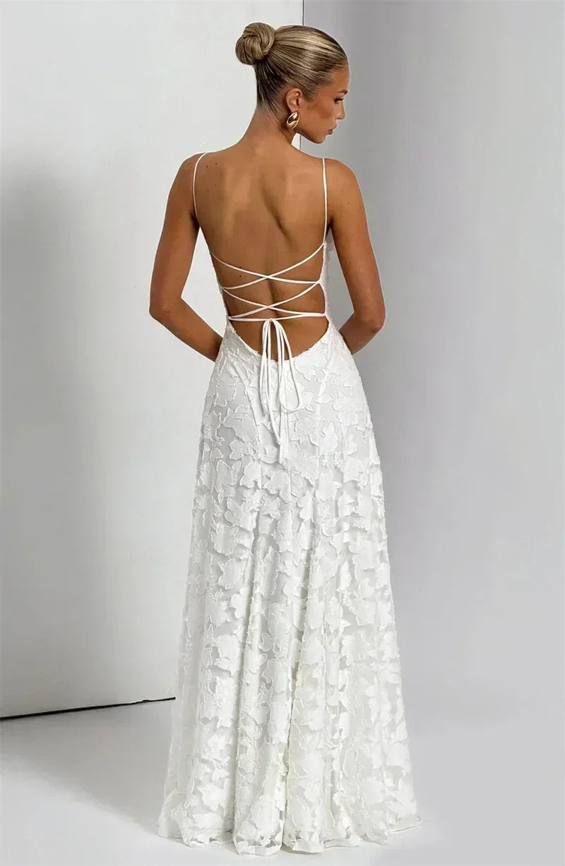 Femstylo women's backless spaghetti strap maxi dress with off-shoulder lace-up design, perfect for evening or party wear.
