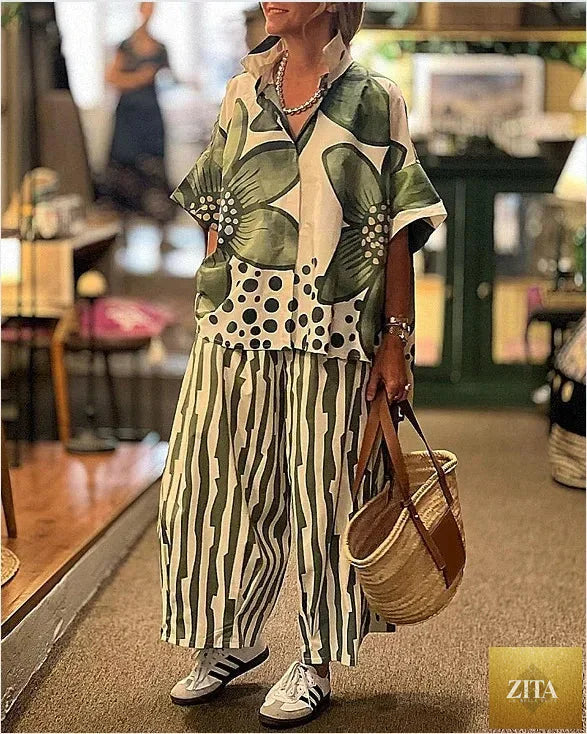 2 Piece Sets Women Summer Print Loungewear Long Pants Sets Vintage