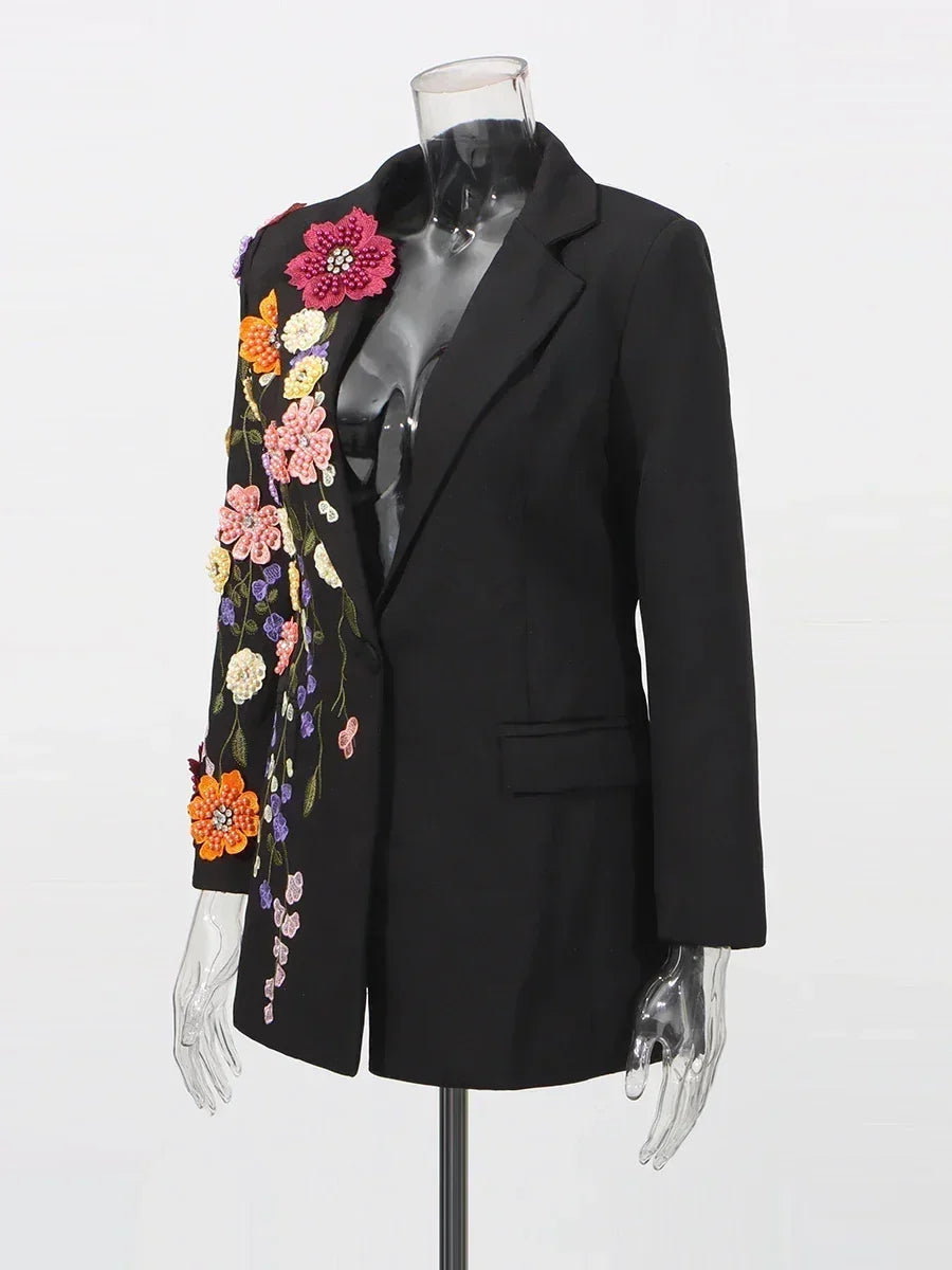 TWOTWINSTYLE Hit Color Spliced Appliques Fashion Blazers for Women Lapel Long Sleeves Patchwork Bead Temperament Blazer Female