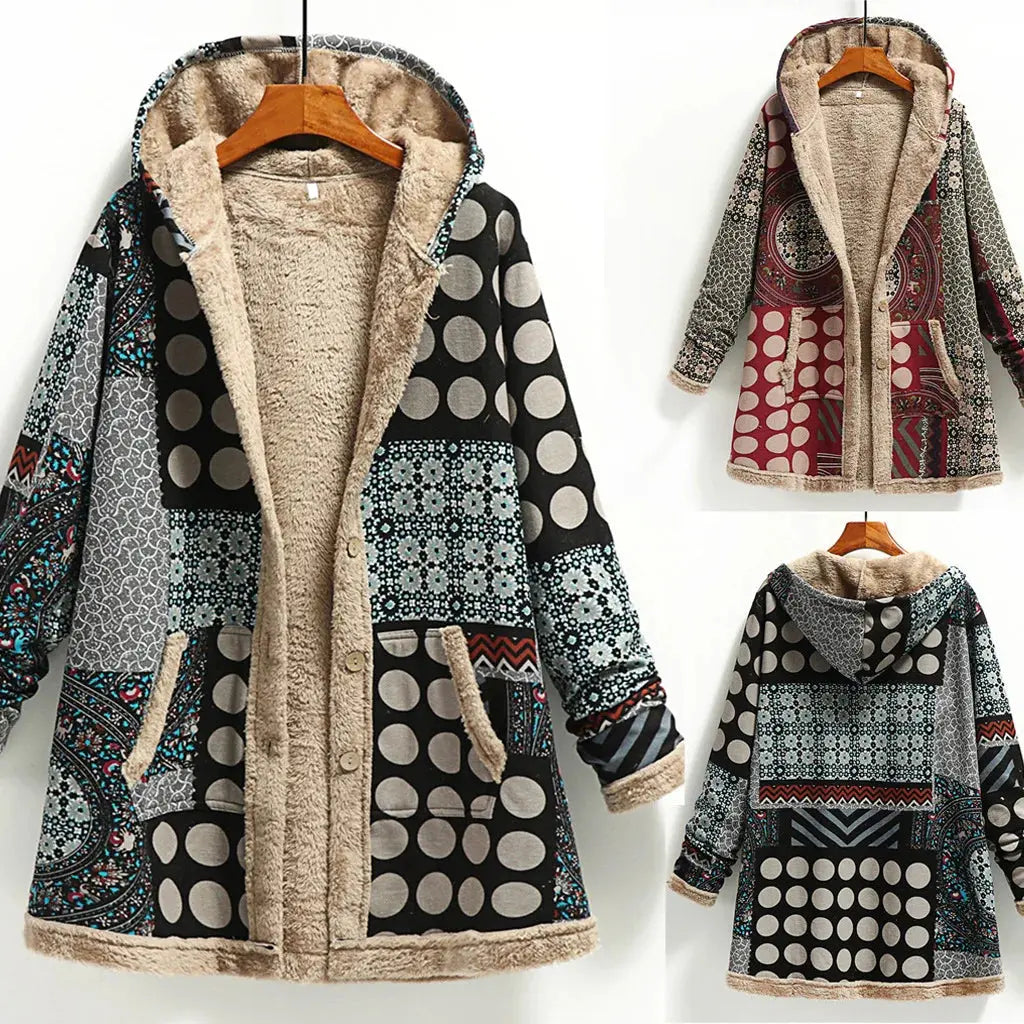 Women's Long Plush Jacket with Cotton and Linen Print Hooded Sweatshirt for Warmth, Winter New Style ZITA LA BELLE ÉLITE