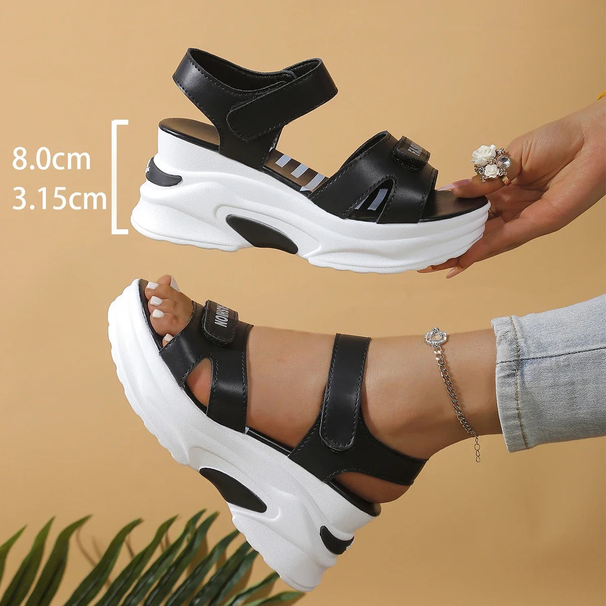 Light beige LadyShow.Store women’s platform wedge sandals with velcro straps, perfect for summer beach and casual wear.