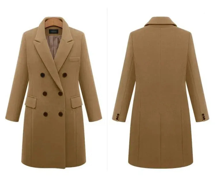 Mid-Length Woolen Women's Coat Double-Breasted Woolen Coats Trench Solid Color Autumn Winter Warm Outwear ZITA LA BELLE ÉLITE