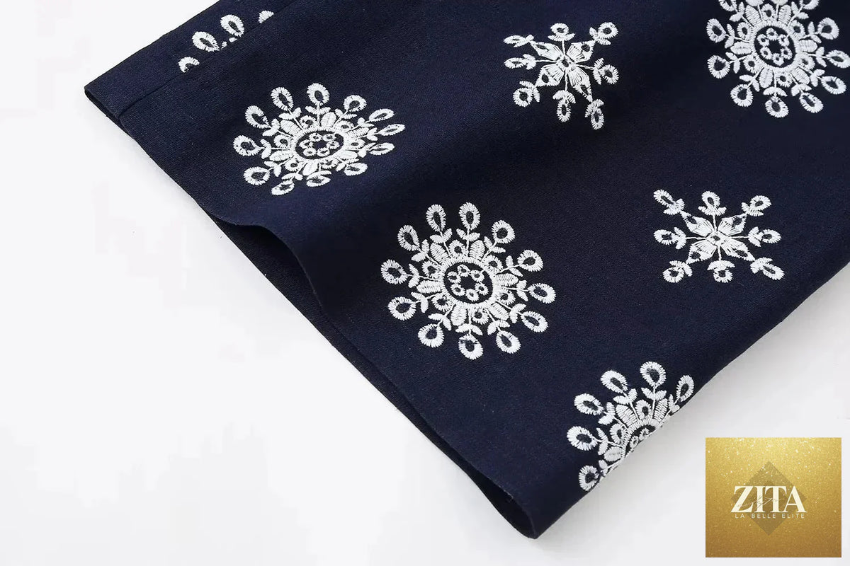 Navy blue floral embroidery cropped pants for women by Ladyez, casual summer fashion with zip detail and relaxed fit.