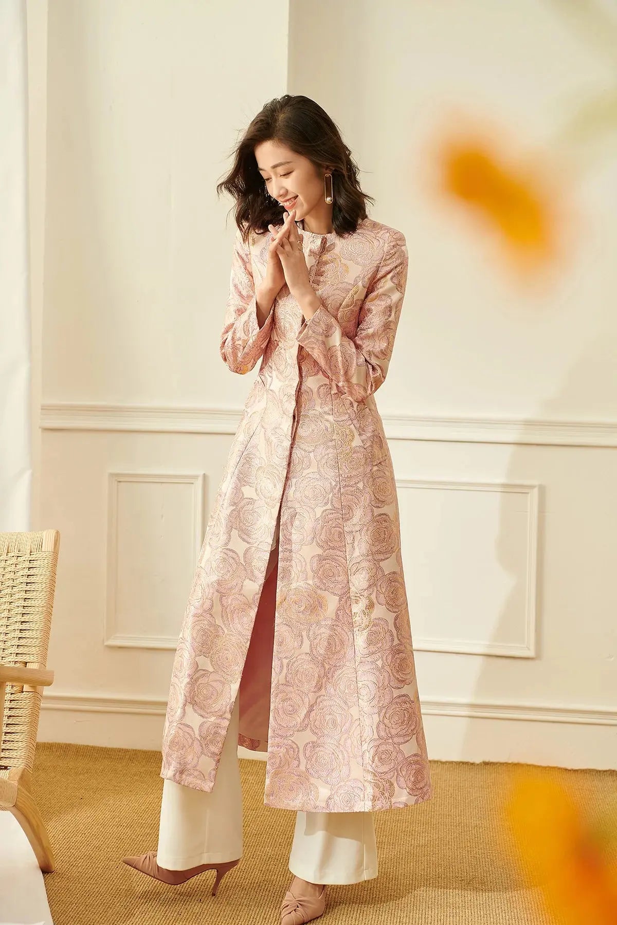 Luxury Women Long Trench Jacquard Coat Button Front Overcoat Fall Winter Floral Elegant Jackets Outerwear Party Outfit Clothes ZITA LA BELLE ÉLITE