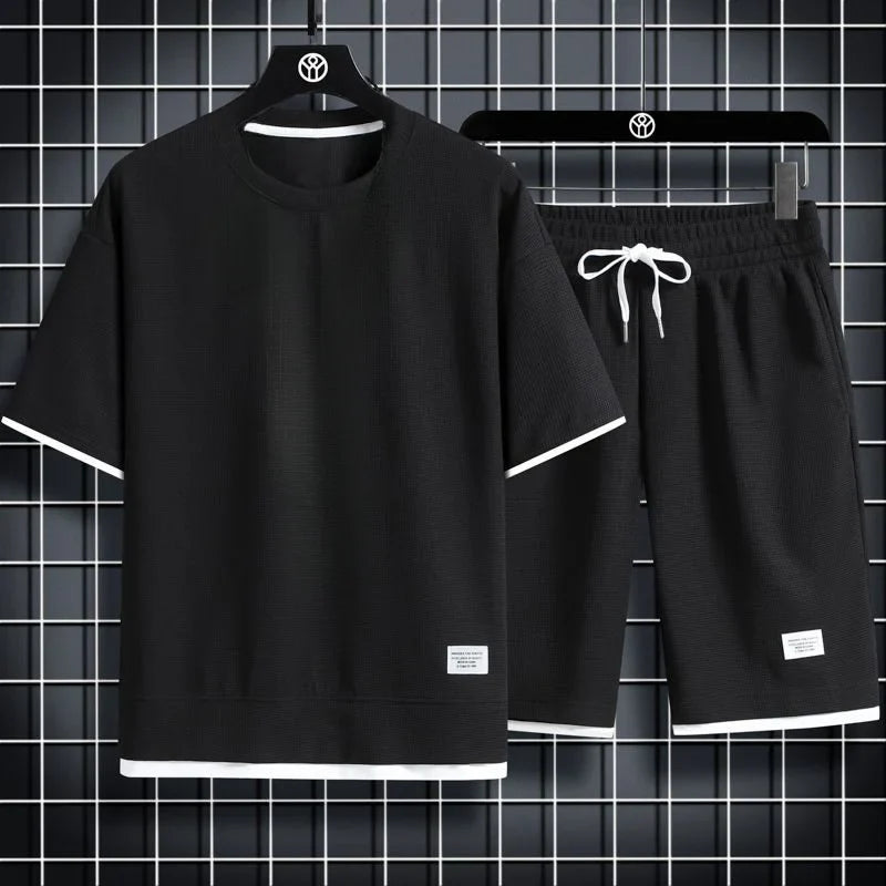 Men's waffle fabric summer casual tracksuit set by THRIXINE, featuring a comfortable activewear design in a relaxed fit.