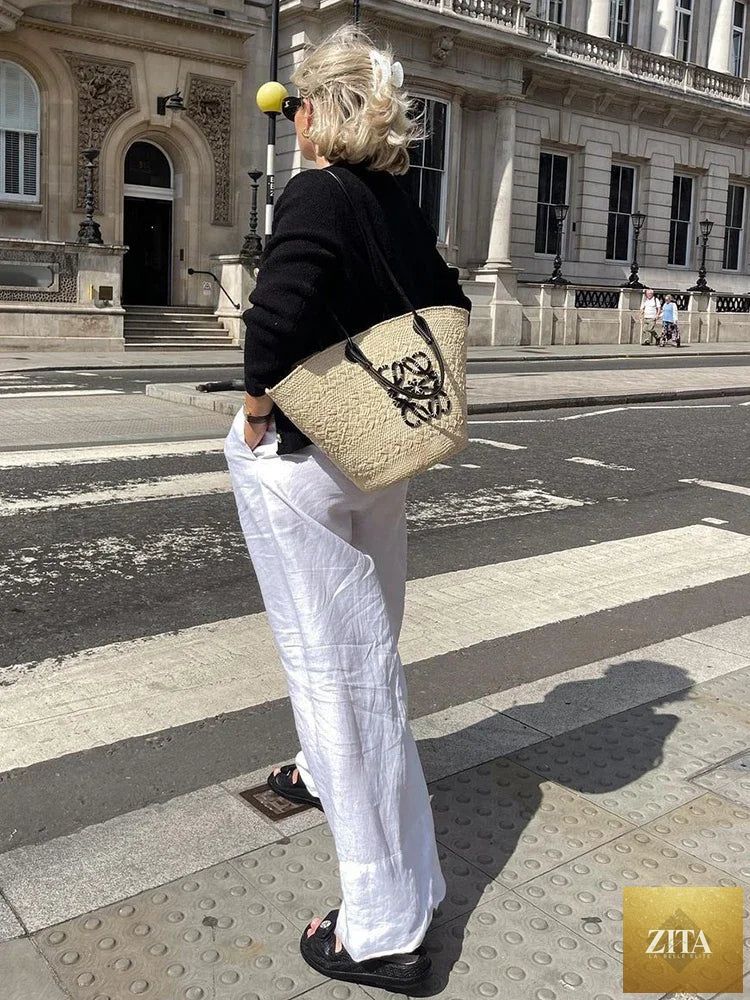 Ladyez women's white cotton linen long pants with wide legs, elastic waistband, casual spring-summer style, sash detail.