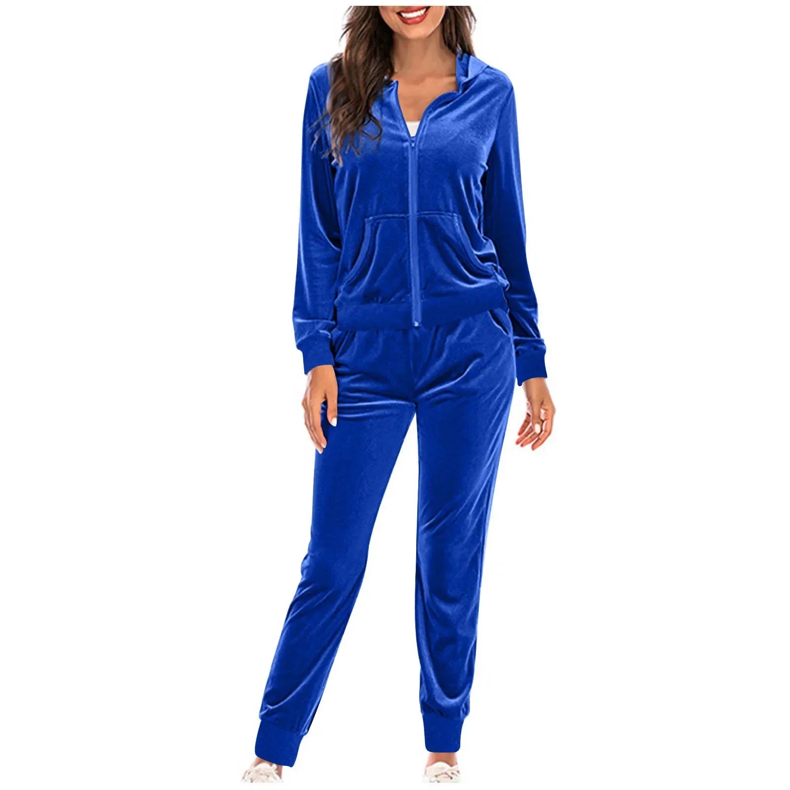 Women Autumn Velvet Tracksuit 2 Piece Sweatshirt Sweatpants Set Full Zip Hoodie
