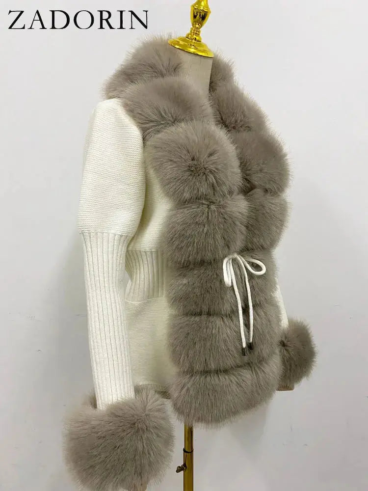 ZADORIN Fall Winter Women Faux Fur Coat Luxury Knitted Sweater Fur Cardigan Detachable Collar White Pink Jacket Faux Fur Coats ZITA LA BELLE ÉLITE