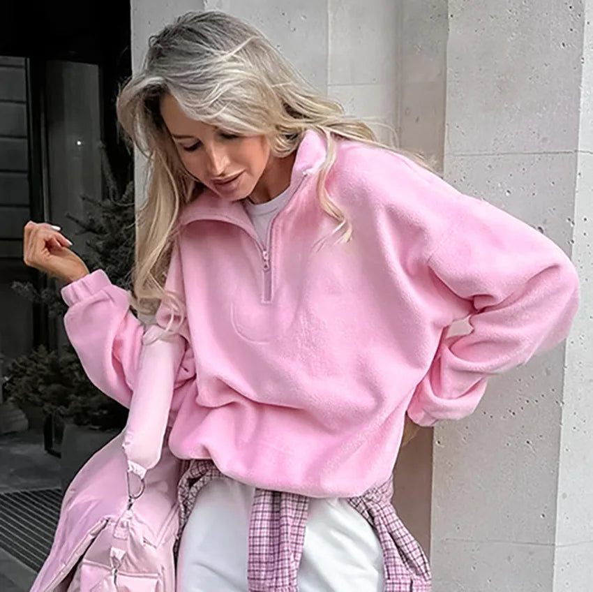 Women's autumn winter fleece hoodie by LadyShow.Store featuring a stand collar, zipper, loose fit, solid color, casual streetwear style.