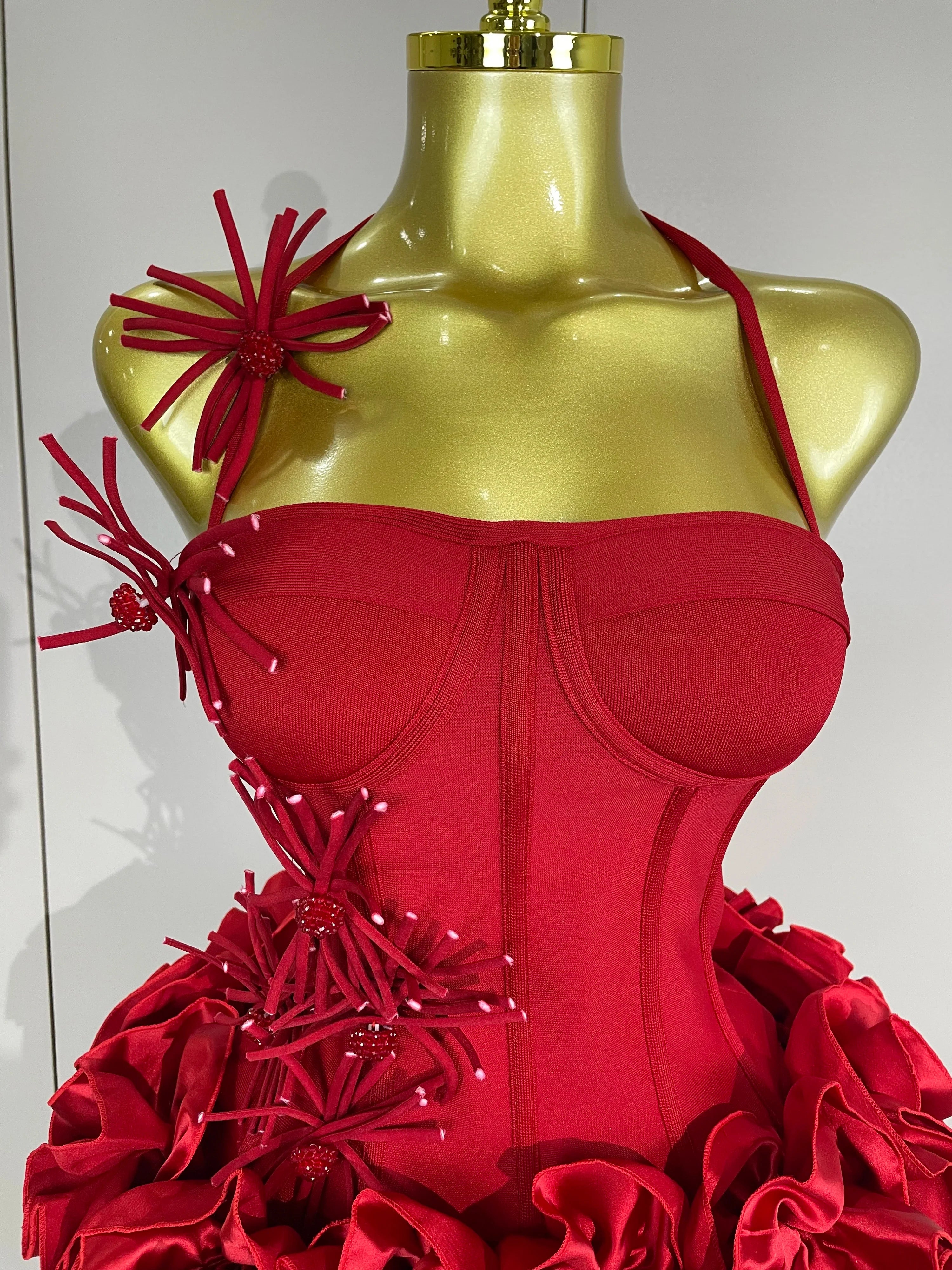 Elegant red and black bandage two-piece prom gown by FLIPSTYLEZLLC, featuring a sexy halter top for women’s cocktail and party wear.
