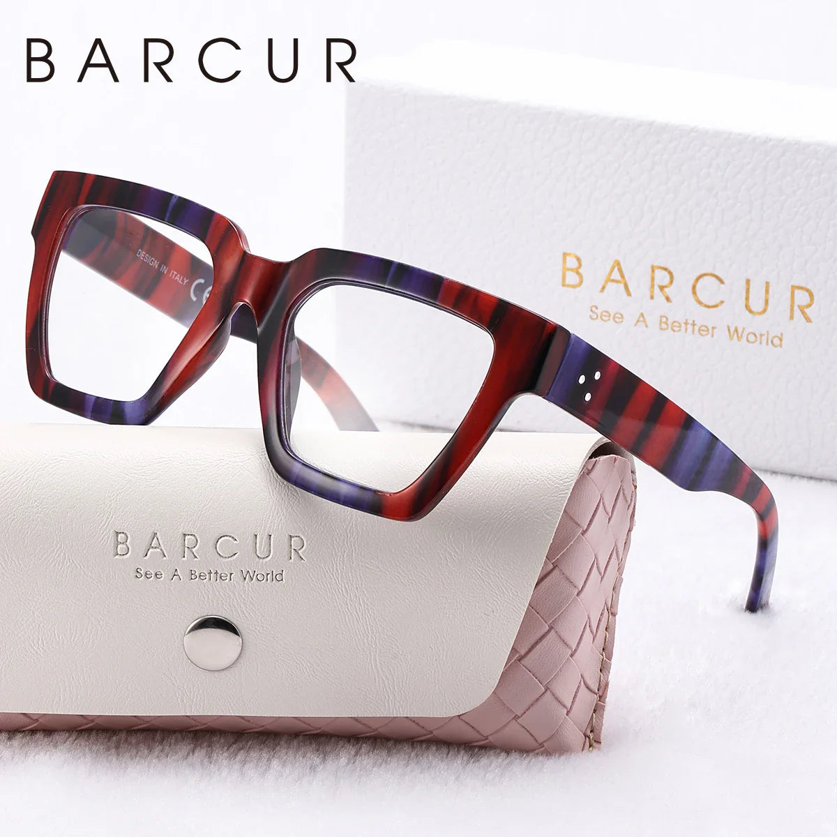 Stevvex pink large square reading glasses for women with thick frames, blue light blocking computer eyewear in a white gift box.