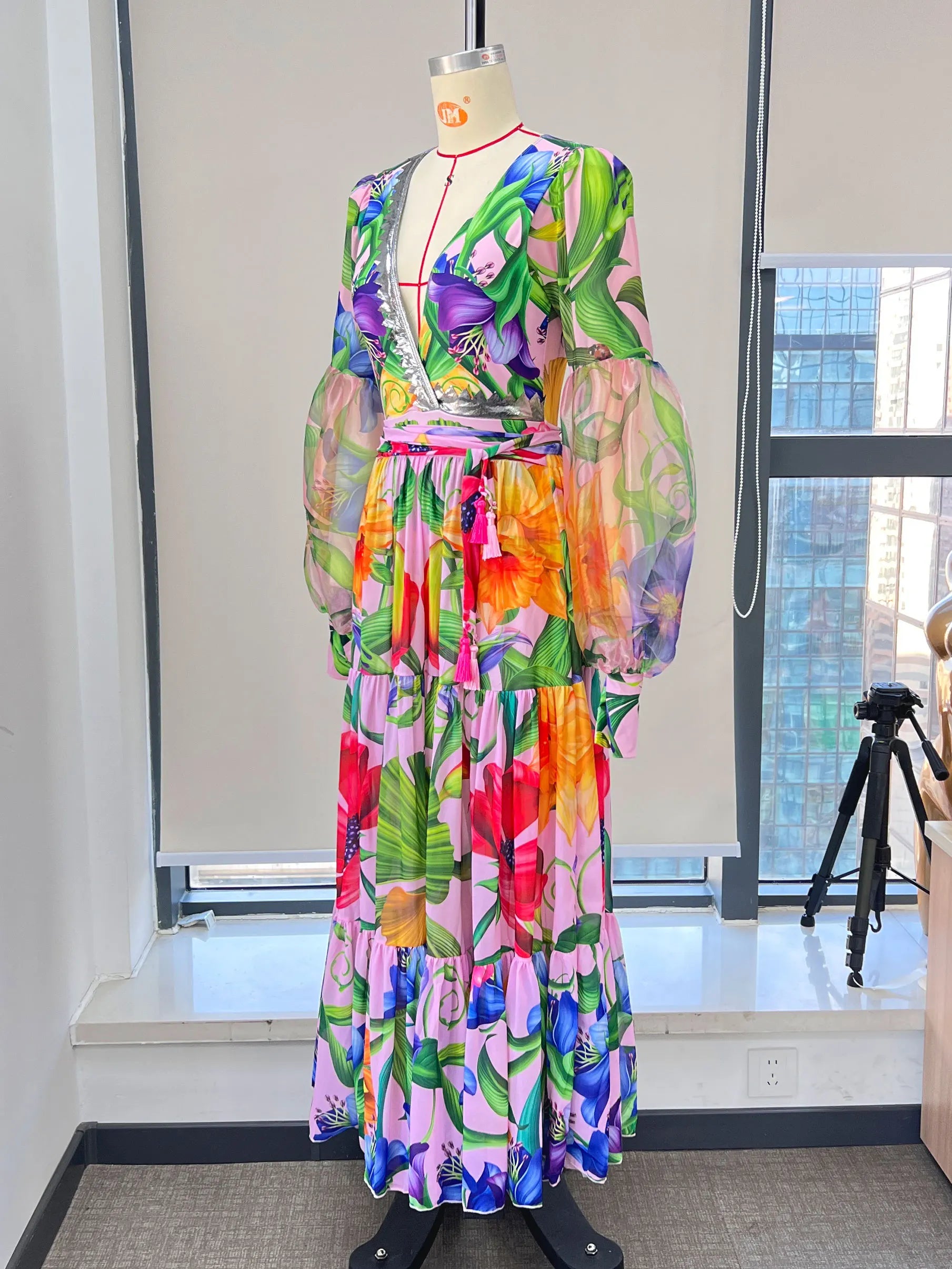 Swimwear 2PC Cover-up Swimsuit Ruffle Printed Deep V One-piece Kimono Bikini Suit