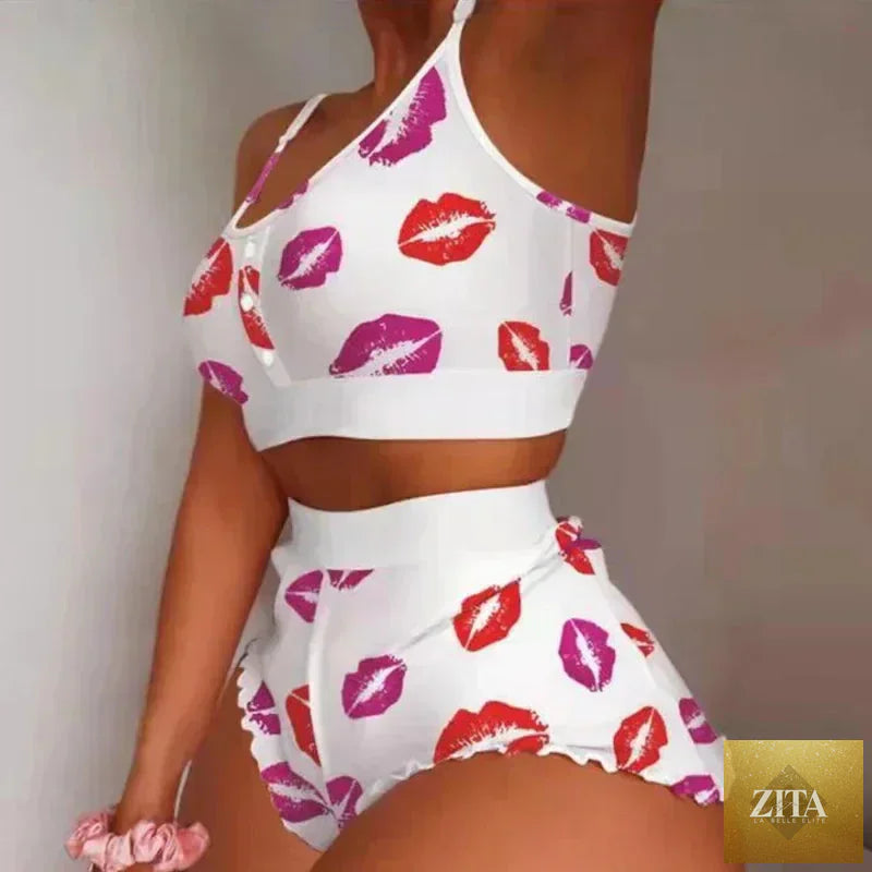 Summer 2-Piece Pajama Set Women Sleepwear Sexy Lingerie Love Printed Lace Sling Crop Tops and Shorts Loungewear Pijamas