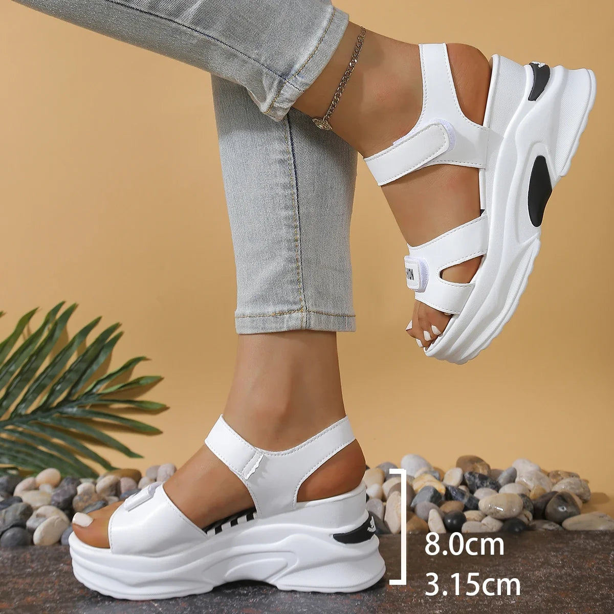 Light beige women's platform wedge sandals with Velcro straps, summer casual shoes by LadyShow, suitable for beach and outdoor wear.