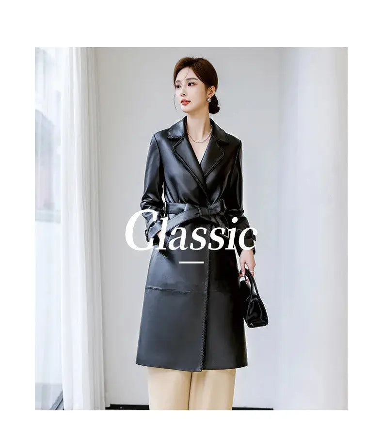 Women's Genuine Leather Trench Coat Lace-Up Long Slim Fit Spring Autumn Sheepskin Top ZITA LA BELLE ÉLITE