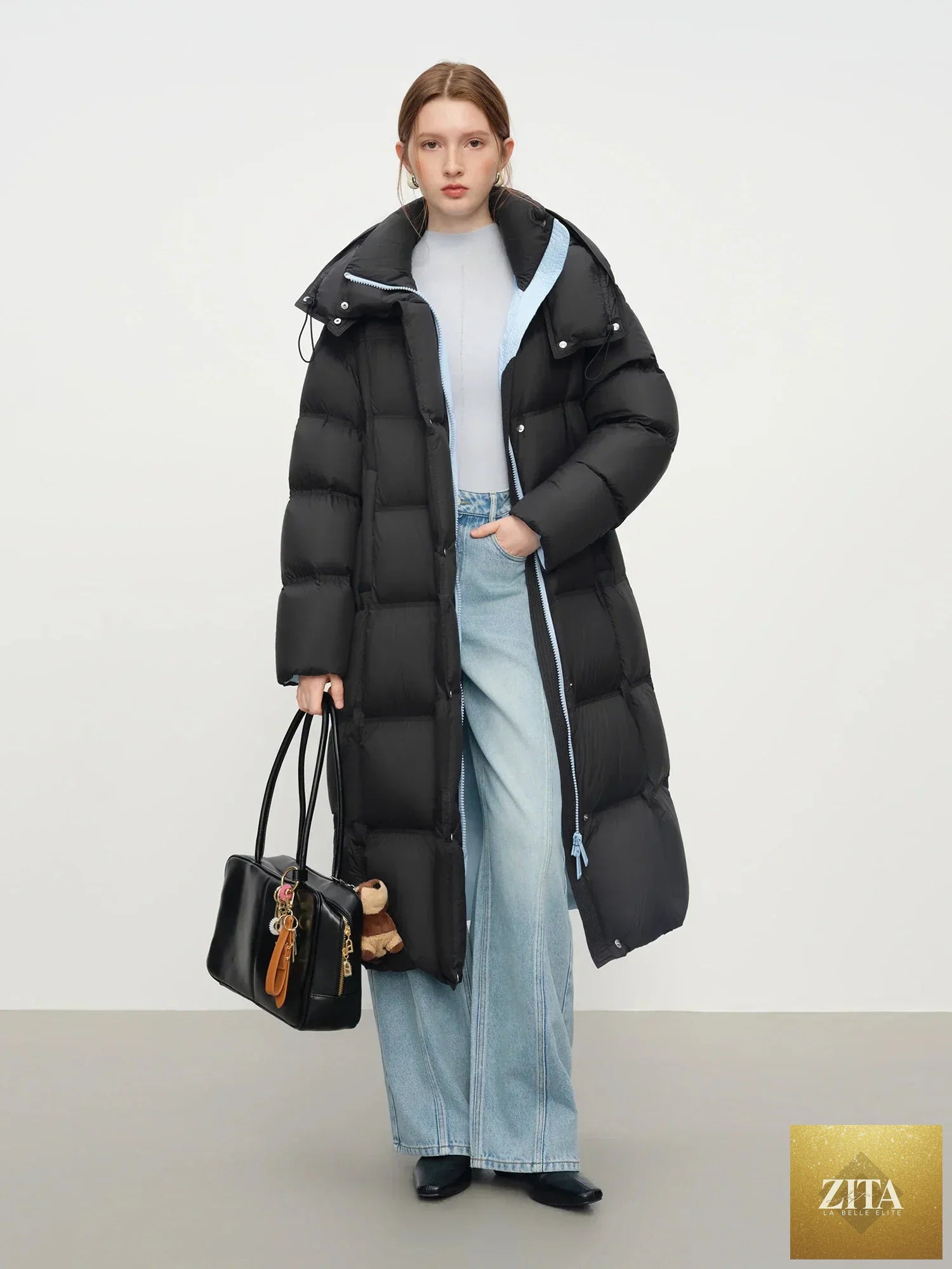FSLE 2025 Winter New Women's Long Puffer Down Coat with Hood Two-Tone Color Block Thermal Insulated Jacket Heavy Warm Outerwear
