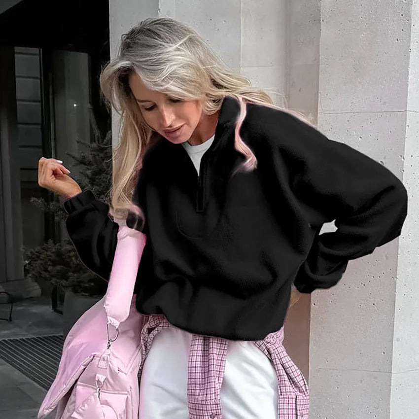 Women’s fleece hoodie by LadyShow, cozy stand collar zip-up sweatshirt, solid color, loose fit for autumn winter casual wear.