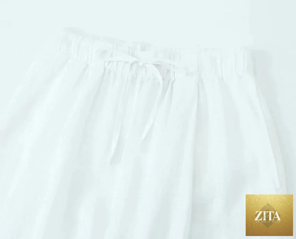 Ladyez women's white cotton linen long wide-leg pants with elastic waist and sash, perfect for spring and summer casual wear.
