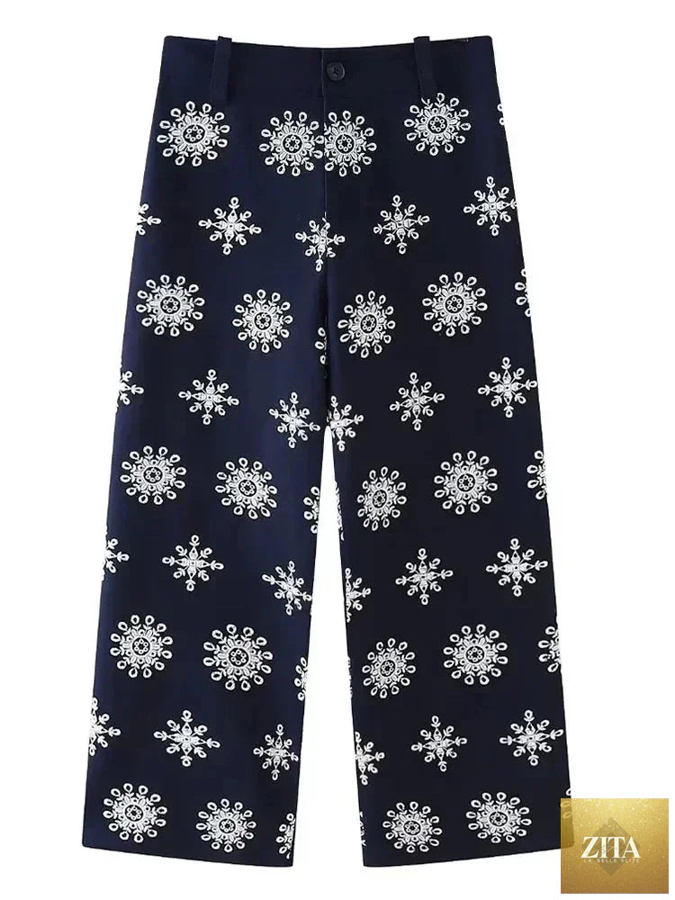 Navy blue floral embroidery cropped pants for women by Ladyez, casual summer fashion with zip closure and relaxed fit.
