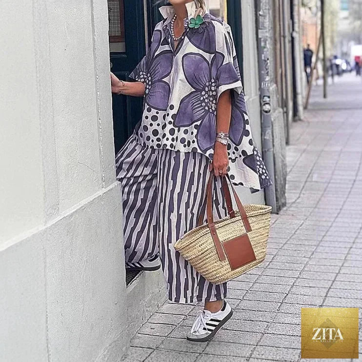 2 Piece Sets Women Summer Print Loungewear Long Pants Sets Vintage