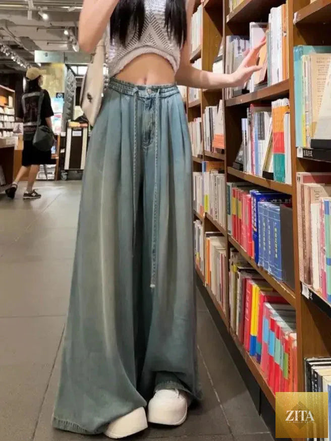 Women Wide Leg Jeans – Summer 2024 Drape Elastic Boyfriend Trousers