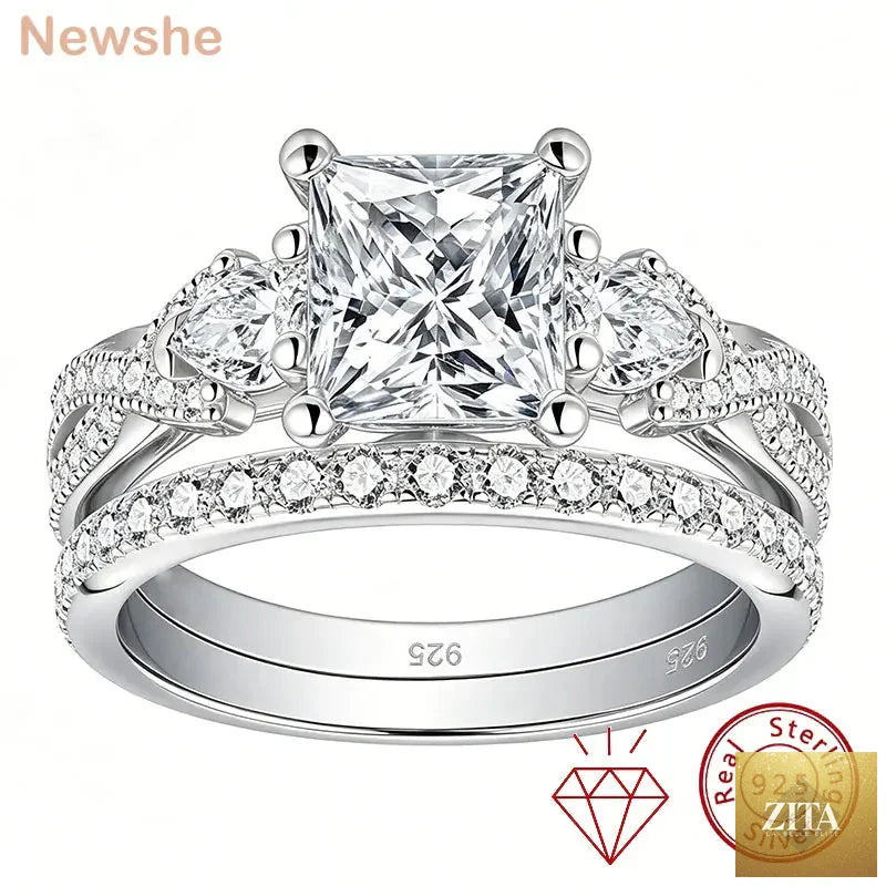 Newshe 2-piece wedding ring set featuring sterling silver moissanite princess and pear cut engagement rings for women.