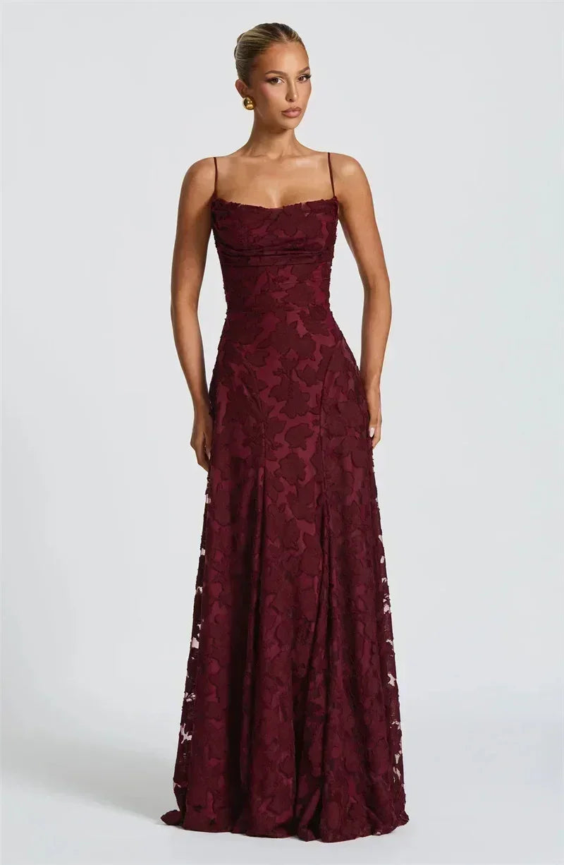 Femstylo women's backless spaghetti strap maxi dress with off-shoulder lace-up design, sleeveless evening gown for parties and events.