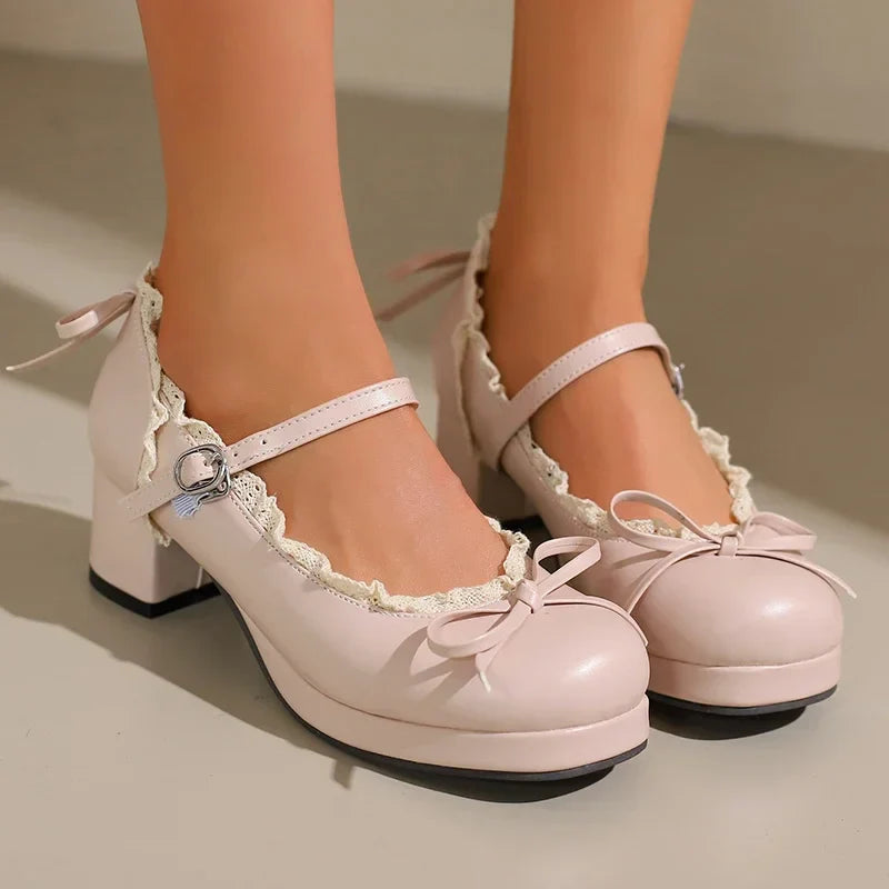 Women's Lolita cosplay Mary Jane pumps with strap, platform block heel, lace and bow details, plus size vintage dress shoes.