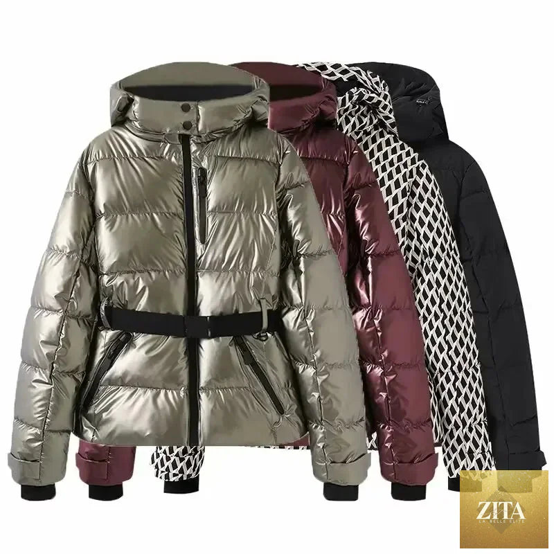 Women's insulated winter parka by LadyShow.Store with hood, high waist, belt, warm padding, pockets, windproof skiing coat.