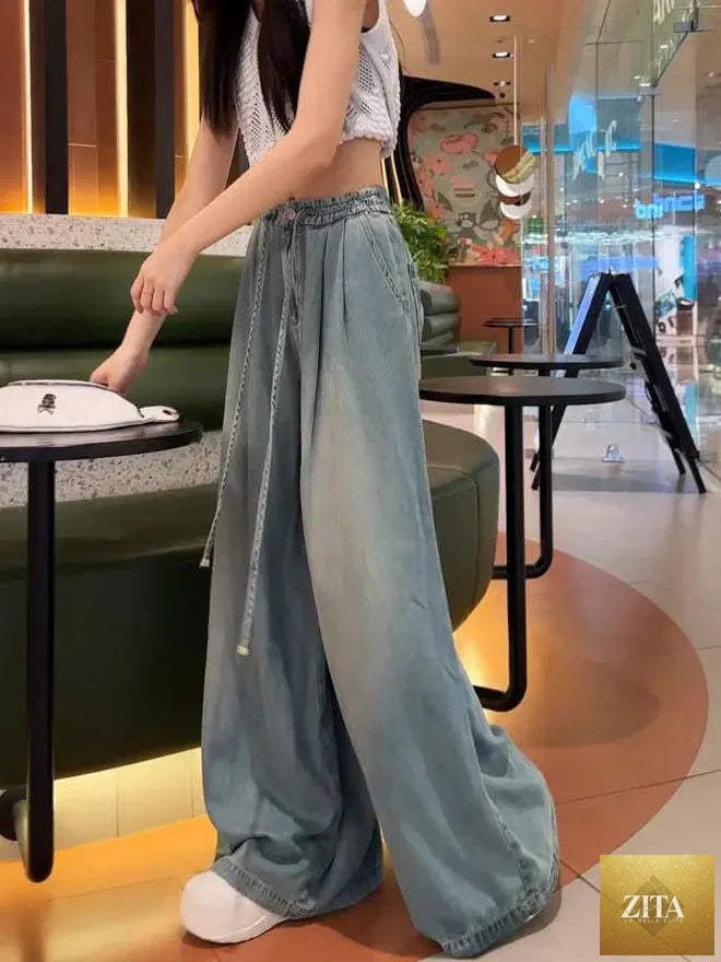 Women Wide Leg Jeans – Summer 2024 Drape Elastic Boyfriend Trousers