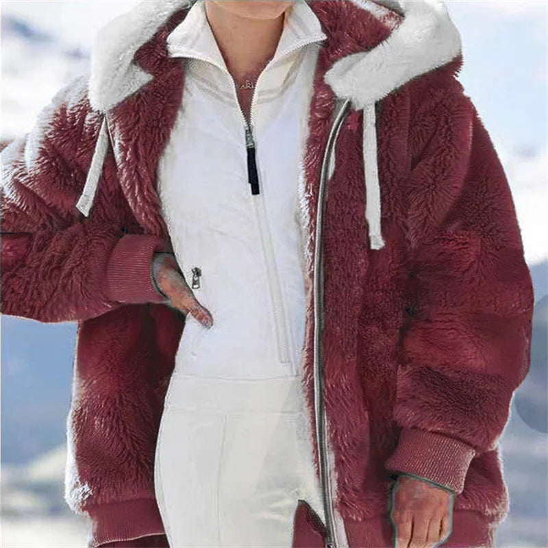Women’s winter faux fur jacket by LadyShow featuring a plush, hooded design with a zipper, soft fleece and cashmere feel.