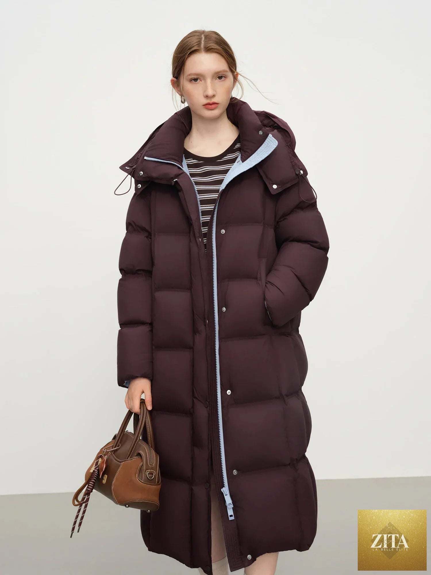 FSLE 2025 Winter New Women's Long Puffer Down Coat with Hood Two-Tone Color Block Thermal Insulated Jacket Heavy Warm Outerwear