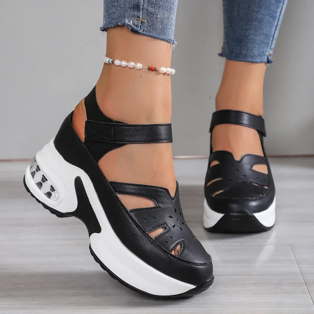 Women’s closed toe wedge sandals with buckle strap, suited for office and summer wear, in a stylish and high-quality design.