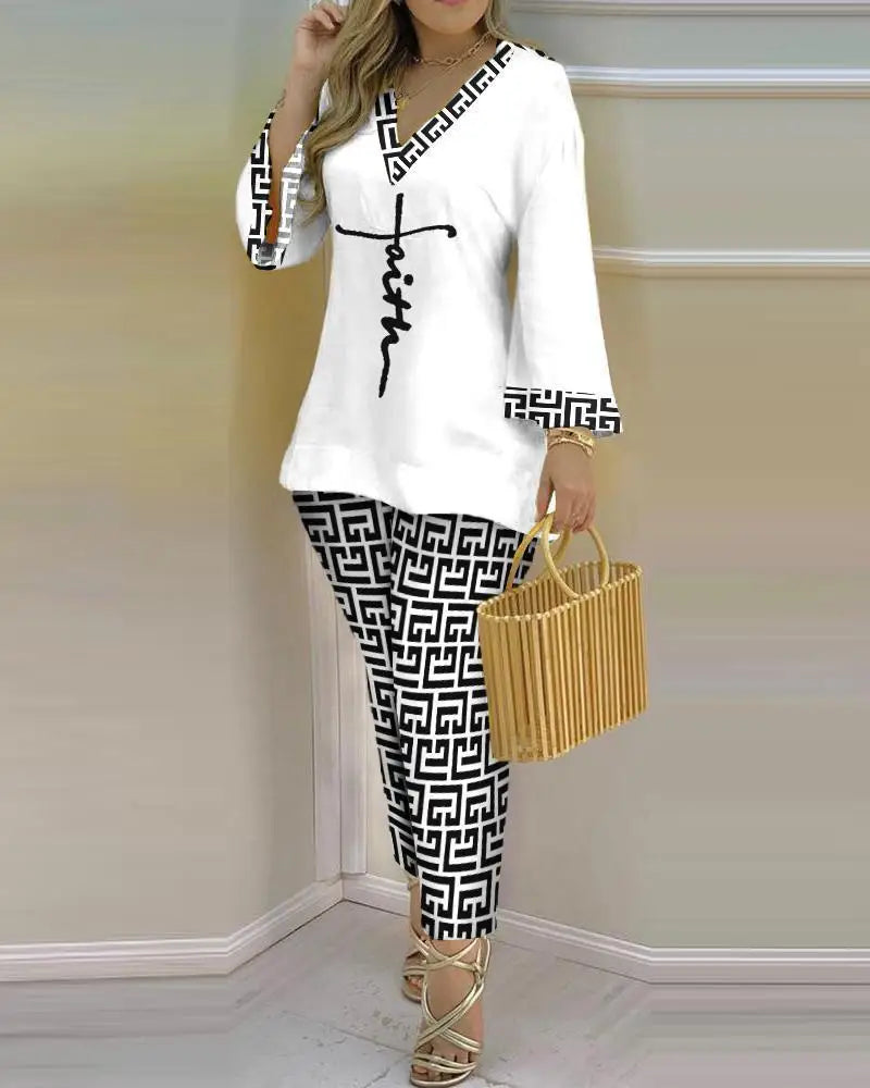 Women's long sleeve V-neck two-piece set by Trendy Attic Store01 featuring printed polyester fabric and stylish design.