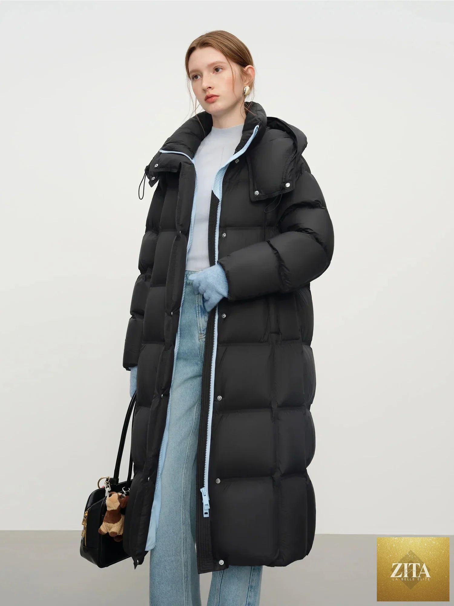 FSLE 2025 Winter New Women's Long Puffer Down Coat with Hood Two-Tone Color Block Thermal Insulated Jacket Heavy Warm Outerwear