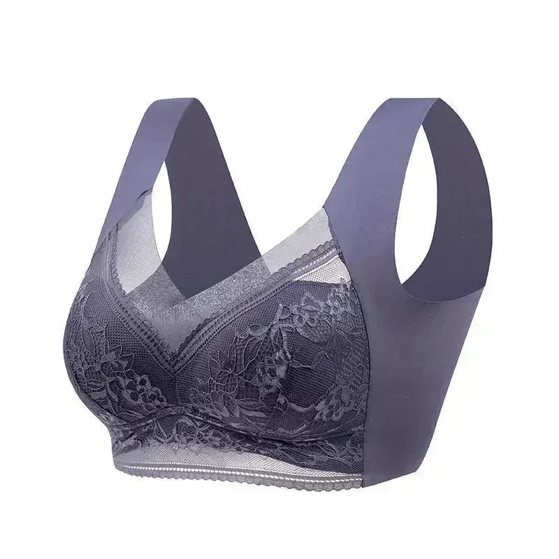 Femstylo women's large push-up ice silk bralette with lace, seamless wireless design, plus size summer lingerie top.