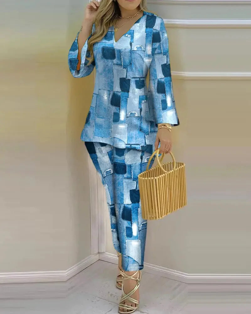Women’s long sleeve V-neck two-piece set with printed polyester fabric, stylish and comfortable for casual wear.