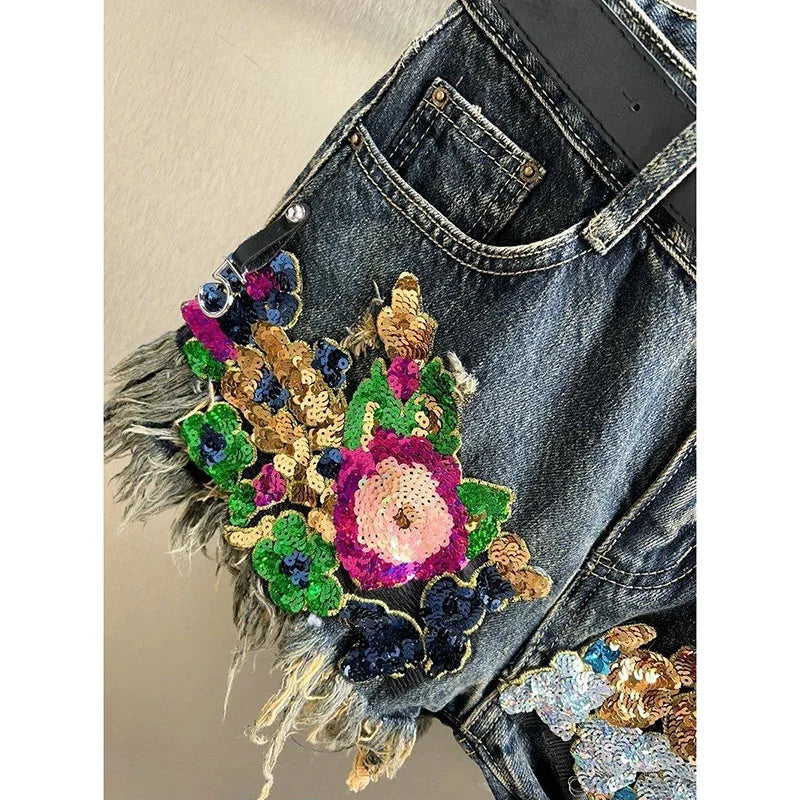 Women Sequin Floral Print Denim Shorts