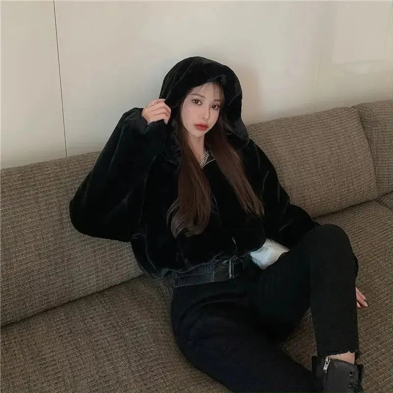 Luxury Short Faux Rabbit Fur Coat Women Crop Top Winter Thicken Warm Clothing Small Furry Hooded Faux Fur Jacket Fluffy Jackets ZITA LA BELLE ÉLITE