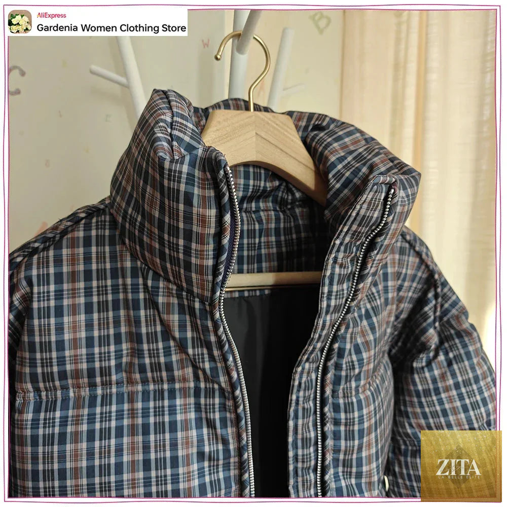 Stylish Plaid Puffer Anorak for Women Winter Brown Padded Jackets High Neck and Long Sleeves Zipper Outwears with Adjustable Hem