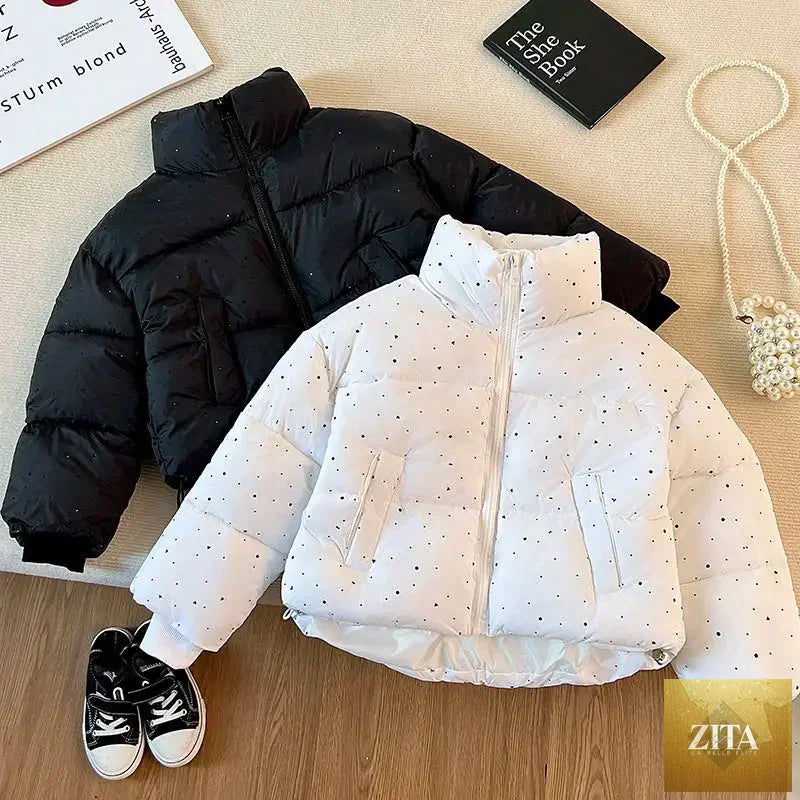 2025 Winter Girls Rhinestone Puffer Jacket Korean Star-Studded Fashion Coat Glitter Zip-Up Quilted Down Jacket