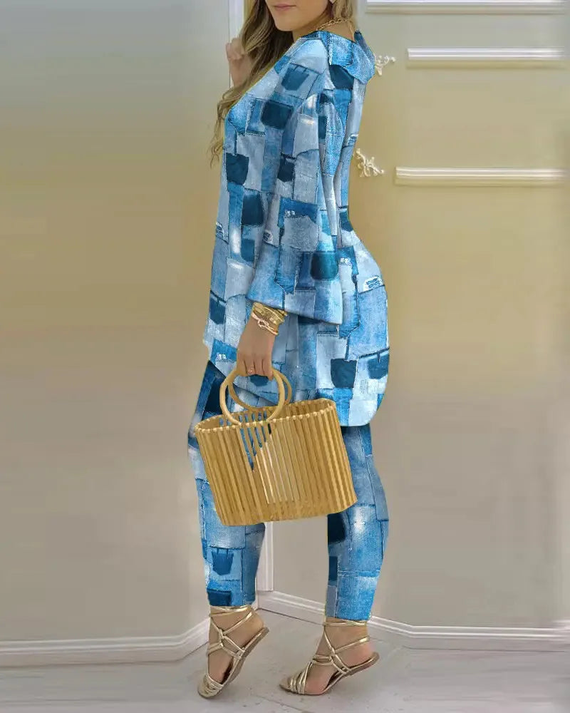 Women’s long sleeve V-neck two-piece set made of polyester with printed design, stylish and comfortable for casual wear.