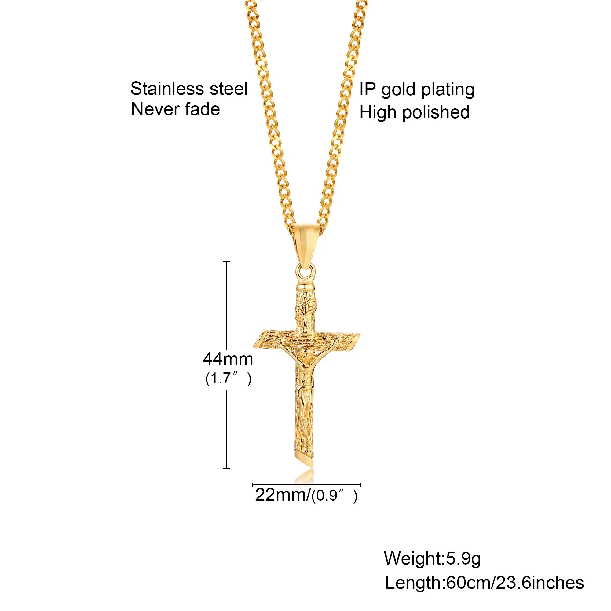 Stainless steel Catholic cross necklace with Jesus pendant in gold color, faith-inspired jewelry for men and women.