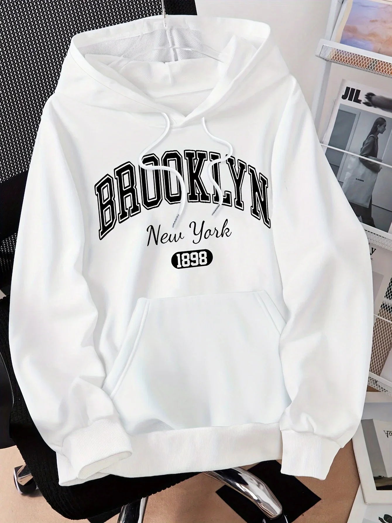 Brooklyn New York 1898 hoodie sweatshirt by LadyShow.Store featuring a casual polyester hooded pullover with drawstring and alphabet pattern.