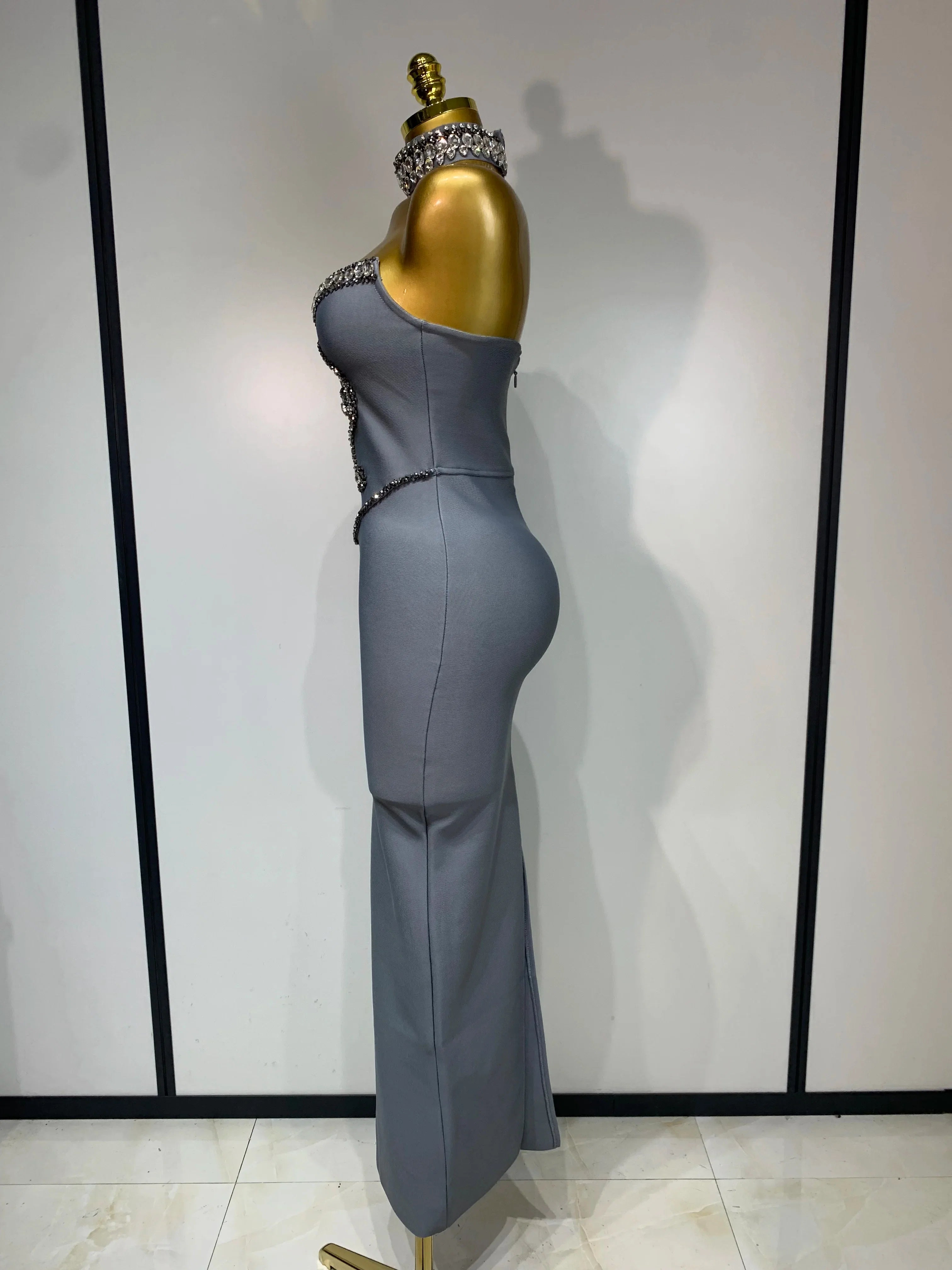 Elegant strapless beaded bandage dress by FLIPSTYLEZLLC featuring a necklace detail, perfect for evening parties and special occasions.
