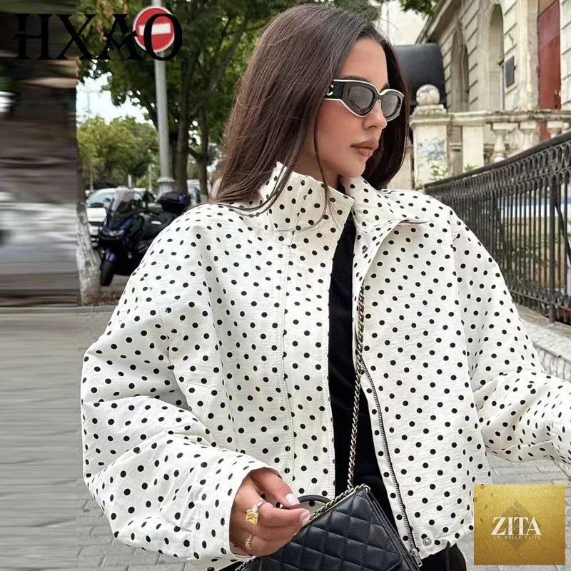 LadyShow.Store women's polka dot bomber jacket, oversized zip-up aviator coat with long sleeves and cropped style for demi-season wear