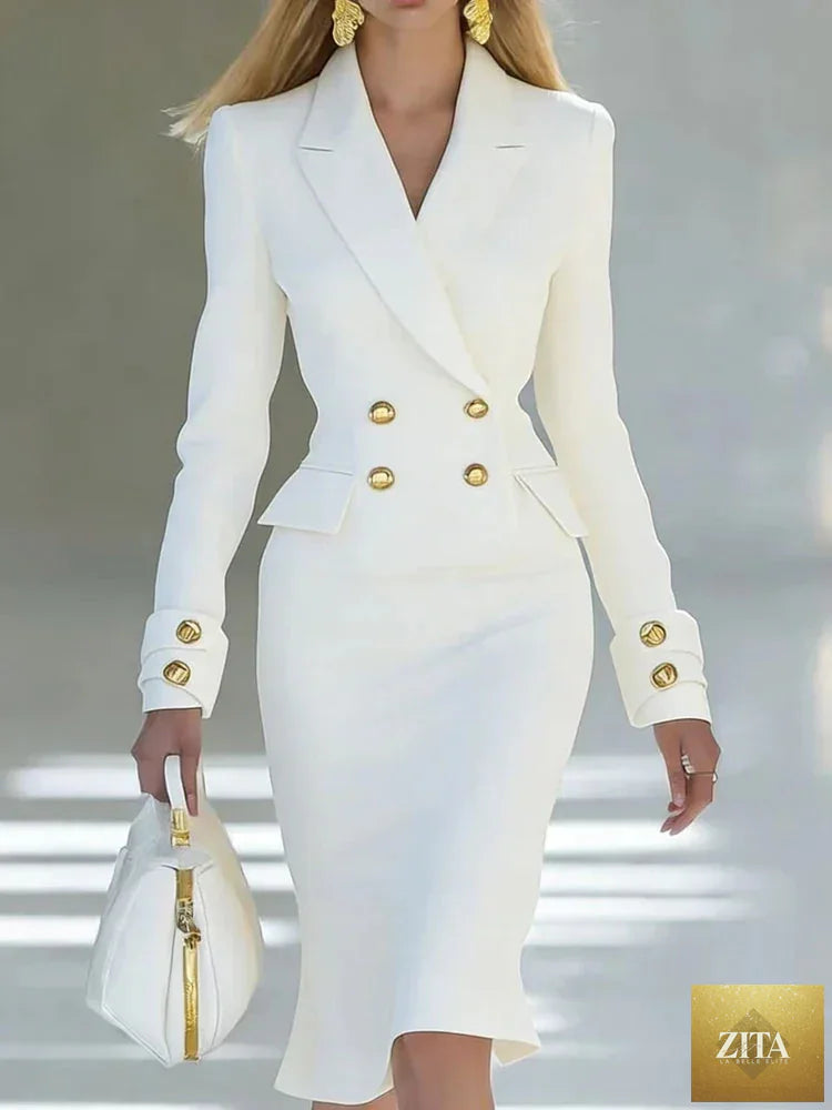 Women’s elegant blazer dress by Nurse Nook Clothes L.L.C., featuring long sleeves and double-breasted design for office or formal occasions.