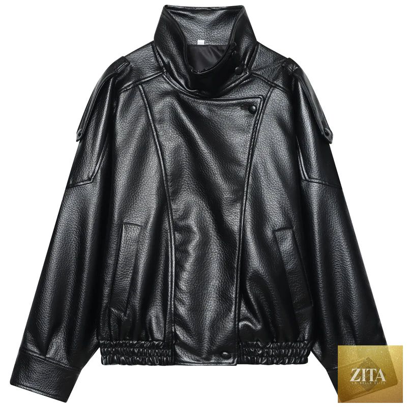 HXAO Faux Leather Black Jackets For Woman New Arrival Cropped Oversize Bomber Jacket Zip-Up Long Sleeve Coats Motorcycle Jackets
