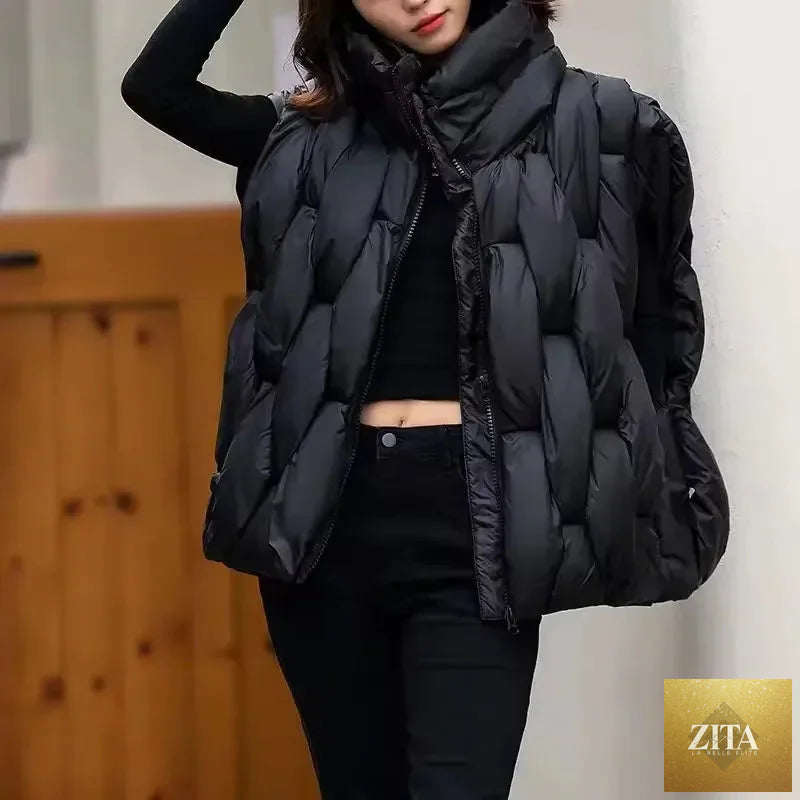 Women Thick Cotton Vest Women Square Weave High Collar Warm Waistcoat Casual  Warm Puffer Bubble Sleeveless Jacket