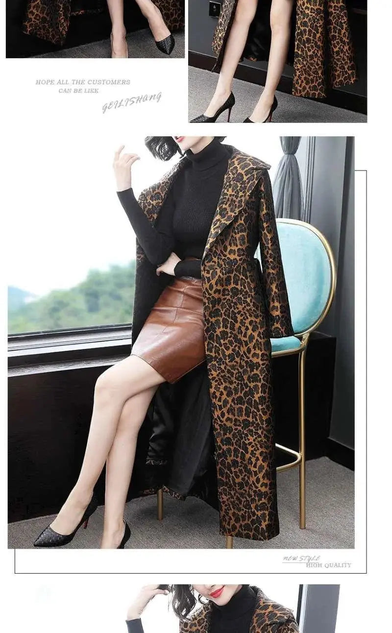 High End Fashion Leopard Coat Women Spring Autumn Korean Slim Long Trench Coat Female Windbreaker With Belt Mother Outwear 4XL ZITA LA BELLE ÉLITE